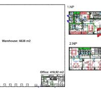 Floor plan of warehouses and halls with offices, dimensions of the hall 6638 m², offices 418.92 m².