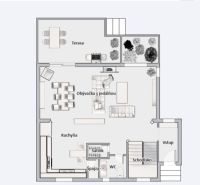 Floor plan of a family house with a terrace, living room, kitchen, pantry, and entrance.