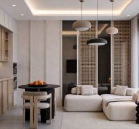 Interior of a 1-room apartment with a bright living area, kitchen, and interesting lighting fixtures.