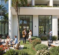 A group of people is relaxing in a landscaped garden in front of a 2-bedroom apartment in Paje.