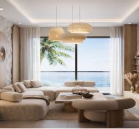 Living room in a two-room apartment with a view of the ocean and a palm tree, floor with wood decor.