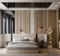 A bedroom in a two-room apartment with wooden decor, modern furniture, and large windows.