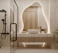 Elegant bathroom with a modern shower and backlit mirror in a 2-room apartment.