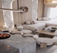 Interior of a 2-room apartment with a wooden decor floor and a sea view.
