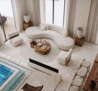 A bright living space in a 4-room apartment with curtains and a pool.