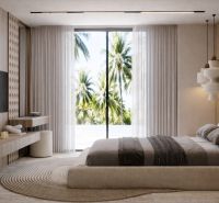 A bedroom in a 4-room apartment with a view of palm trees and a wooden decor floor.
