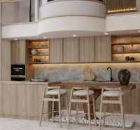 A kitchen in a 4-room apartment with a wooden decor, a bar counter, and decorative elements.