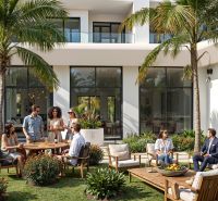 People in the garden in Paje near a 2-room apartment surrounded by palm trees and flowers.