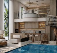 Luxury 4-room apartment with a pool, wooden decor, and modern interior.