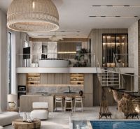 A spacious interior of a 4-room apartment with high ceilings, large windows, and an indoor pool.