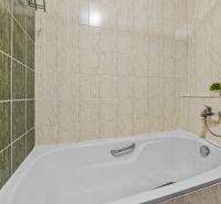 In the bathroom of a 4-room apartment, the bathtub is surrounded by ceramic tiles with a plant.