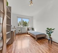 A room in a 4-room apartment with a wooden decor floor, a bed, and a shelf.