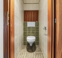 A toilet in a 4-room apartment with tiles, wooden decor on the door and floor.