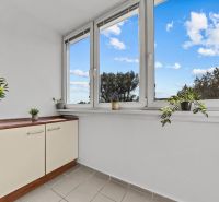 A bright room with greenery and windows in a 4-room apartment, view of the blue sky.