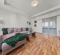 Living room with a gray sofa, wood-patterned flooring in a 4-room apartment.