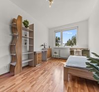 The room in the 4-room apartment has a wooden decor floor, a bed, shelves, and a table.
