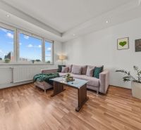 Living room in a 4-room apartment with a sofa, wooden decor flooring, plants, and windows.