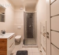 Bathroom in a 2-room apartment with a sink, shower, and toilet, light tiles.