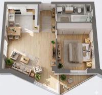 2-room apartment with wood-patterned flooring, kitchen, and living room.
