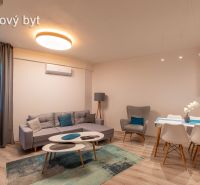 Living room in a 2-room apartment with a sofa, an armchair, and a dining table on a floor with a wooden decor.