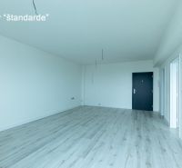 An empty interior of a 2-room apartment with wood-patterned flooring and white walls.
