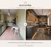Kitchen before and after renovation in a family house with new design and equipment.