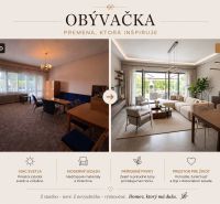 Living room transformation in a family house with large windows, wooden decor, and greenery.