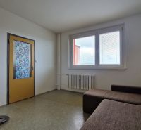 Living room with a brown sofa and mosaic doors in a two-room apartment.