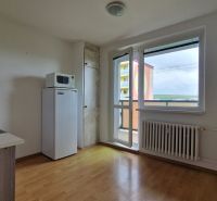 A kitchen in a 2-room apartment with a wooden decor floor, a refrigerator, and a view from the balcony.