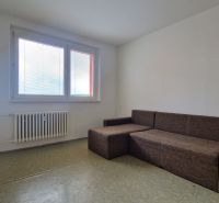 Living room in a two-room apartment with a large window and a comfortable sofa.