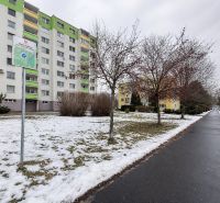 Snow-covered Novozámocká Street in Zvolen with commercial plots and residential buildings.