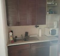 A kitchenette in a cabin with wooden cabinets and a sink, compact layout.