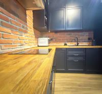 Kitchen in a 2-room apartment with a brick wall and a wooden decor floor.