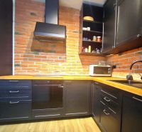 A kitchen in a 2-room apartment with a brick wall and a wooden decor floor.