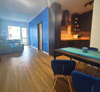 Living room with kitchen in a two-room apartment, with a wooden decor floor and colorful walls.
