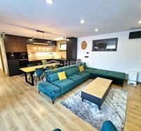 Living room with kitchen and wooden decor flooring in a family house.