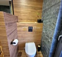 A bathroom in a family house with wooden decor and gray tiles.