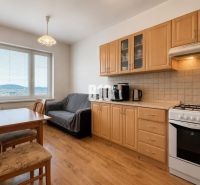 A kitchen in a 2-room apartment with a wooden decor floor and a dining table.