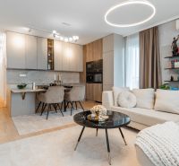 A stylish living room with a kitchen in a 3-room apartment, light shades, wooden decor flooring.