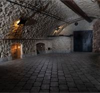 A stone cellar with a vaulted ceiling and paving in the building.