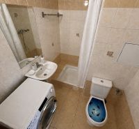 Bathroom in a studio apartment with a shower, washing machine, and toilet.