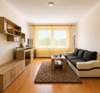 Living room with a sofa, table, and shelving system in a studio apartment.