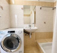 Bathroom in a studio apartment with a washing machine, sink, and shower with a white curtain.