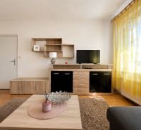 Living room in a studio apartment with wood-patterned flooring and yellow curtains.