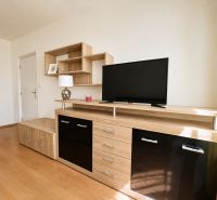 A living room with wood decor furniture and black elements in a studio apartment.