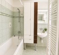 A bathroom in a 2-room apartment with green tiles and a practical bathtub.