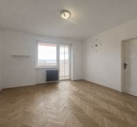 An empty room with white walls and a wooden decor floor in a two-room apartment.