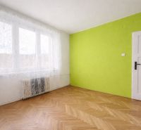 A room with a green wall, white curtains, and a wood-patterned floor in a two-room apartment.