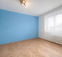 A room in a 2-room apartment with a blue wall and a wooden decor floor.