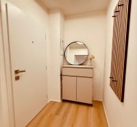 A hallway in a 3-room apartment with a wooden decor floor and modern lighting.